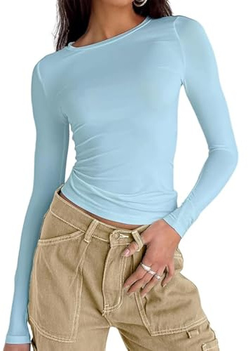 OYIGELZ Women's Basic Long Sleeve Shirt Crop Tops Y2K T-Shirt Slim Fit Casual Tee Shirt Streetwear(Sky Blue-a,XS)