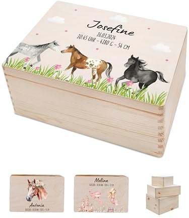 Bärenfreunde - Personalisierte Erinnerungsbox Baby mit Spezial-Druck - Individuelle Baby Erinnerungsbox - Erinnerungskiste aus Holz - Geschenk zur Geburt (M | Klappdeckel,Pferde Szenario)