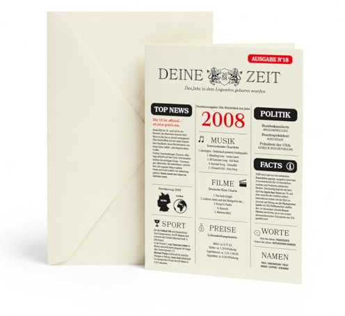 heaven+paper® 18. Geburtstag Junge/Mädchen | DIN A5 Karte mit Umschlag | 2008 Jahrgang Geburtstagskarte Mann/Frau aus FSC zertifiziertem Naturpapier | Individuell designed | Made in Germany