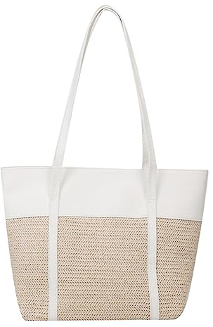 Kexpery Damen Umhängetasche Kapazität gewebt Shopper Tasche Mode Strohtasche PU Nähen Damen Strandtasche