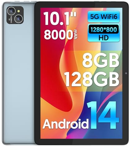 Android 14 Tablet 10 Zoll, Octa-Core Prozessor, 8GB RAM + 128GB ROM (1TB erweiterbar) , Großes FHD+ IPS Display mit Widevine L1 , 8000mAh Akku, 5G & WiFi 6, Dual-Kamera 2MP + 8MP mit KI, Bluetooth 5.0