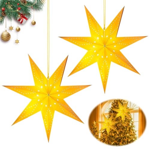 GAROMIA 45cm Weihnachtsstern Papierstern Beleuchtet zum Aufhängen 2 Stück LED Stern 7 zackig Papier Faltsterne Weihnachtsstern Beleuchtet Weihnachtsdeko Innen Stern zum Weihnachts Fenster Deko