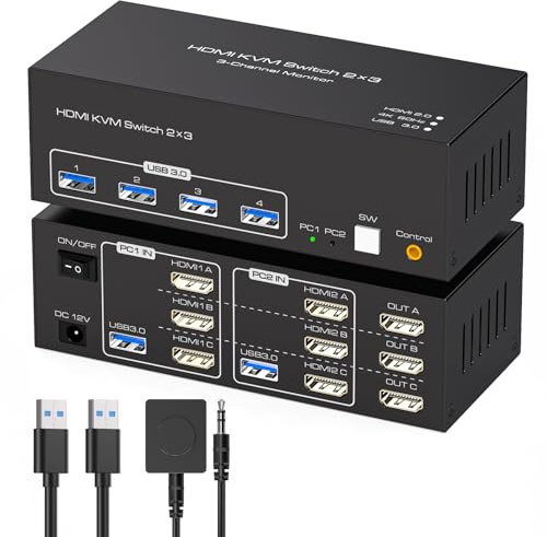 TJCXELE 4K60Hz HDMI KVM Switch 2 PC 3 Monitore USB 3.0 Simulation EDID KVM Switches für Zwei Computer teilen Sich Drei Monitore und 4 USB-Geräte Unterstützt Erweiterungsmodus & Kopiermodus