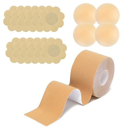 RobLuX Klebe BH Push-Up Große Brust Boob Tape Fashion Body Tape Brust 5cm X 5m Mit 4 Wiederverwendbare Unsichtbar Silikon Brüste Nippelpads Für Körbchengrößen A-E