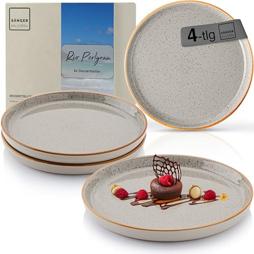Sänger Rio Perlgrau | Dessertteller 4 teilig, Steingut Frühstücksteller 4 Personen, Kuchenteller spülmaschinenfest mikrowellenfest multifunktional, Steingut Geschirr grau | VALUE COLLECTON
