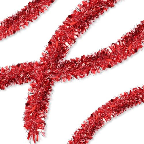 TOPWAYS Weihnachtsgirlanden Rot, 10M/33 Zoll Lametta Weihnachtsbaum, Lametta Girlande Weihnachten, Weihnachtsdeko Lametta für Weihnachtsbaum Weihnachtsfeier Türen Fenster und Treppen
