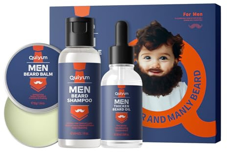 QUIYUM Kit d'entretien de la barbe pour homme,Kit d'entretien de la barbe,Avec shampoing à barbe, huile à barbe, baume à barbe,Coffret cadeau pour petit ami, mari, père