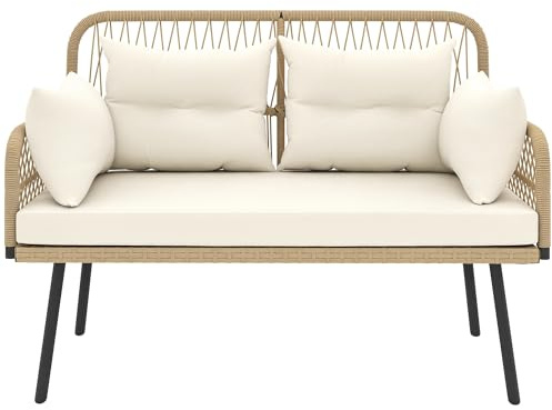Outsunny Canapé de Jardin avec Coussins et oreillers 2 Places en résine tressée, canapé d'extérieur avec accoudoirs, Cadre en Acier galvanisé pour Balcon, Beige