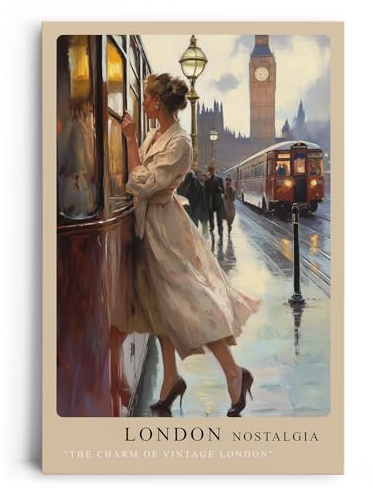Paul Sinus Leinwandbild 60x90cm London Nostalgie – Romantische Szene einer Frau in Vintage-Kleidung, die in London in eine Straßenbahn einsteigt