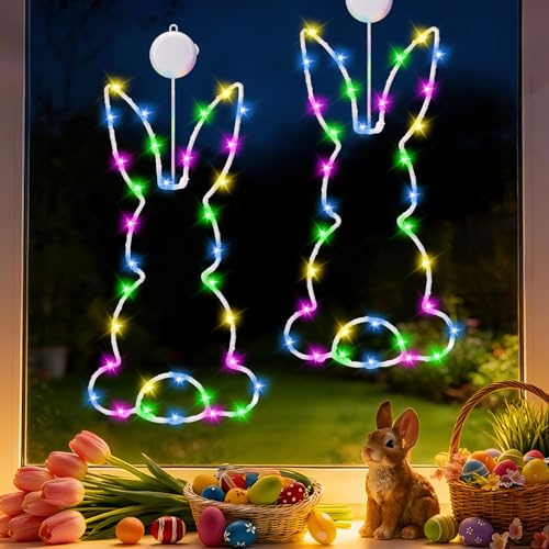 2 Stück Osterdeko Led Fenster Licht, Ostern Deko LED Lichterkette Osternhasen Fensterlichter mit Saugnapf und Timer Batteriebetrie, Osterdeko Für Draußen & Innen, Zuhause Party