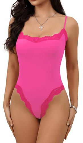 Starrylion spets body dam sexig kantig urringning Y2K top Bodys justerbar axelrem bodysuit, Het rosa, L