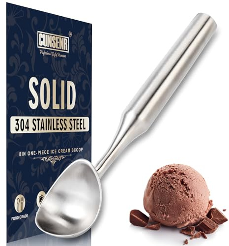 CUNSENR Stainless Steel Ice Cream Scoop - Heavy Duty Ice Cream Scooper with Ergonomic Handle - One-Piece Metal Ice Cream Spoon for Gelato, Sorbet, Cookies - Durable, Easy to Use & Dishwasher Safe