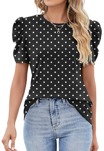 IECCP Camicetta Donna Estate Magliette Puff Pizzo Manica Corta 2025 Estate Top Donne Girocollo Casual Tunica, Pois nero, L
