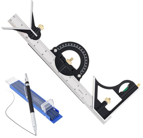 Smgda 12 inch / 300 mm Stainless Steel Multi-Function Combination Square Ruler for Woodworking/Construction/Drafting with Carpenter Pencils, Refills, Adjustable & Sliding 90 Degree Angle Ruler Kit