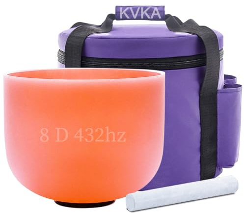 KVKA Cuenco tibetano de 20 cm, 432 Hz, nota D de 8 pulgadas, color naranja, para yoga, meditación, sanación del sonido, relajación, alivio del estrés, con bolsa de transporte