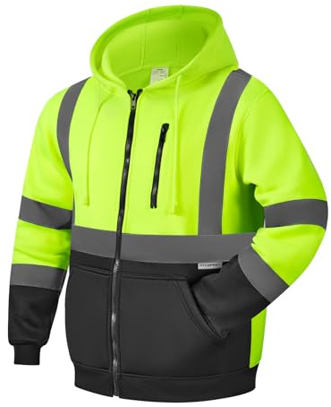 HYCOPROT Hochsichtbarer Sicherheits Hoodie Hi Vis Sweatshirts Fleece Leichte Reflektierende Arbeitsjacke Taschen Sicherheitsmantel mit Reißverschluss mit Kordelzug für Männer und Frauen EN ISO 20471