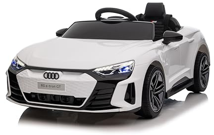 FINOOS Voiture électrique pour Enfants 12V avec télécommande, A.UDI RS-Etron véhicule pour Enfants avec klaxon, LED, Musique, démarrage progressif, véhicule électrique avec Roue auxiliai (Blanc)