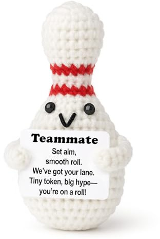 Weming League Teammate Gift – Mini Crochet Bowling Ball Plush with Positive Sign, Handmade 4-inch, On a Roll, Team Spirit, Year-Round