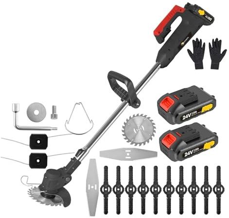 Kit De Desbrozadora Inalámbrica con Cuchillas De Metal For Césped Eléctrico Y Jardín + Cuchillas Desmontables For Desbrozadoras De Césped De 21 V Recargables con 2 Baterías Poda Eficaz(Black)