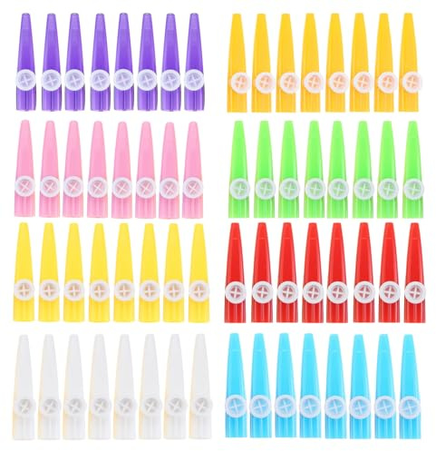 DRELD 64Pcs Colourful Kazoos - Plastic Flute Diaphragms Bulk Pack of 8 Assorted Colours for Parties, Gifts & Musical Instruments
