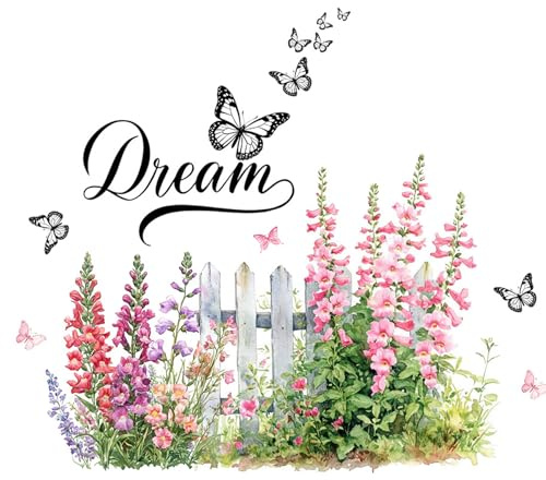 Romantic Bellflowers Fence Decals Floral Wall Decor, Campanula Fence Flowers Stickers Wall Art Murals, Flower Pattern Self-Adhesive Stickers for Girls Bedroom Bathroom Door Nursery Decor
