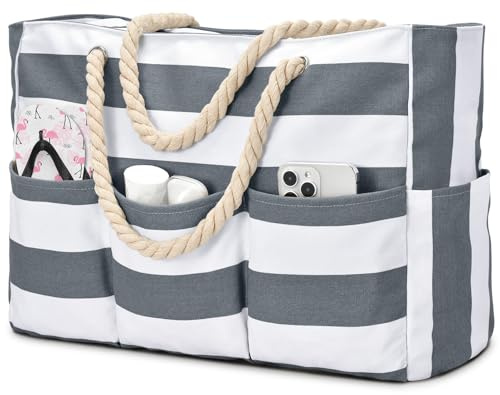 oscaurt Strandtasche Wasserdicht Badetasche XXL Shopper Tasche Damen Vielseitige Umhängetasche mit Reißverschluss Beach Tote Bag Faltbare Reisetasche mit Mehreren Fächern