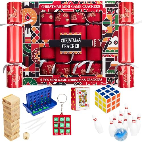 KreativeKraft Knallbonbons, 6er Pack Christmas Crackers, Gefüllt mit Minispielen & Aufzieh Spielzeug, Partyhüte & Witze, Party Weihnachten Deko (Rot Mini Spiel)
