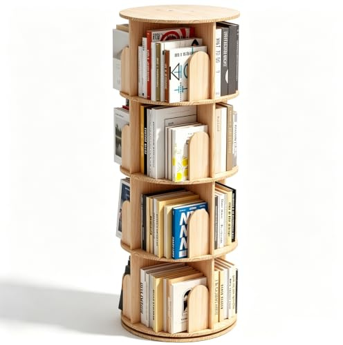 Wumagin Bücherregal Kinder, Massivholz Drehbares Bücherregal mit 4 Ebenen, 360-Grad-Display bodenstehendes Lagerregal, Multifunktionaler Bücherregal-Organizer für Wohnzimmer, Home Office