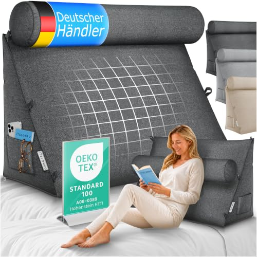 ELONEO Rückenkissen 90 cm breit mit Verstellbarer und Abnehmbarer Nackenrolle, Keilkissen für Bett und Sofa geeignet, dreieckiges Lesekissen, Kissen mit waschbarem Bezug, praktisches Seitenfach