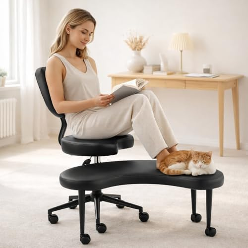 NordicLume Ergonomischer Bürohocker mit Fußhocker und Rollen, Höhenverstellbarer Kniestuhl mit Rückenlehne, Aktiver Sitzhocker für Home Office, Meditation & Yoga
