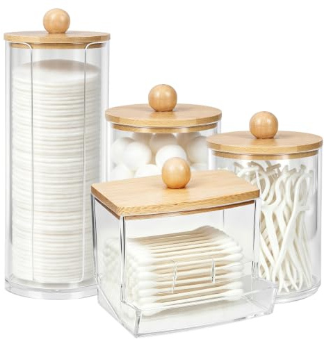 Yuaerbuo 4Pcs Cotton Bud Holder with Bamboo Lid, Cotton Swab/Ball/Pad Holder Dressing Table Accessories Compatible with Qtips Cottons Buds Organiser for Bedroom Bathroom Kitchen