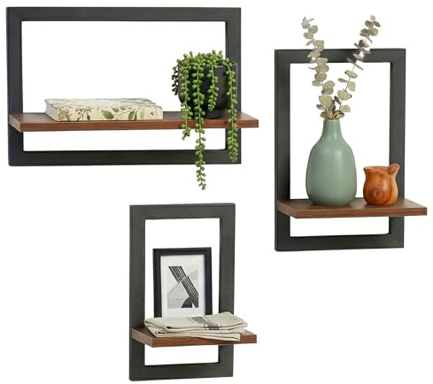 Relaxdays vägghyllor, 3-pack, metall & MDF, 3 storlekar, brun/svart | svävande hyllor för tavelramar & dekor, industriell