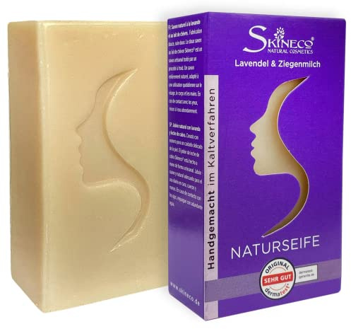 Skineco Naturseife | nachhaltige Ziegenmilchseife mit Lavendel | Stück Seife für empfindliche Haut | Körperseife | handgemachte Naturkosmetik | Gesicht Reinigung | clear skin | mildes Duschgel