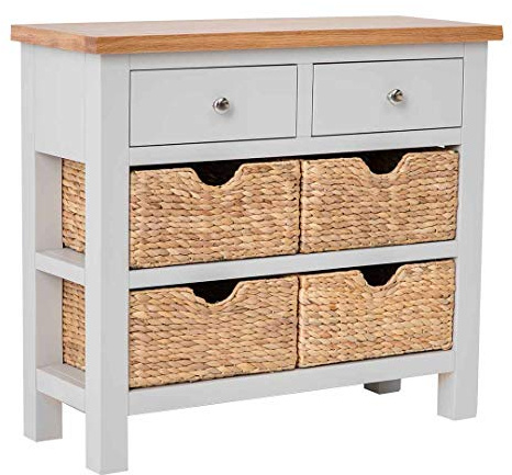 RoselandFurniture Farro Grey Console Table for Hallway Slim Storage with Baskets & Oak Top | Wide Painted Solid Wooden Telephone Stand Cabinet for Living Room or Bathroom | Fully Assembled