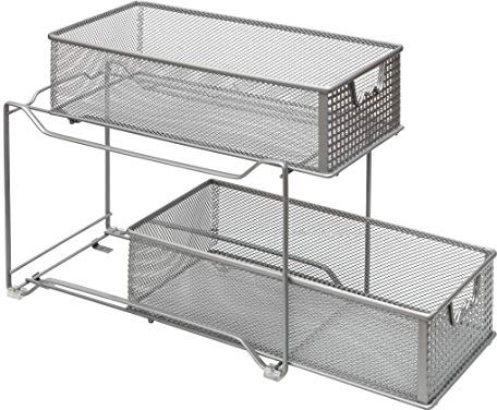 Amtido 2-Tier Sliding Basket Cupboard Organiser – Metal Kitchen Storage & Organisation Pull Out Cabinet Organiser for Bathroom, Office, Bedroom and Pantry - Under Sink Storage in Silver Finish