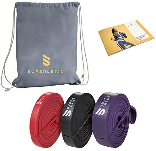 SUPERLETIC Powerbands, Widerstands-Fitness-Bänder, Pullup und Resistance-Training, 5 Stärken, rot, schwarz, lila, grün und blau, mit Workout-Guide (3ER Set (Rot, Schwarz, Lila))