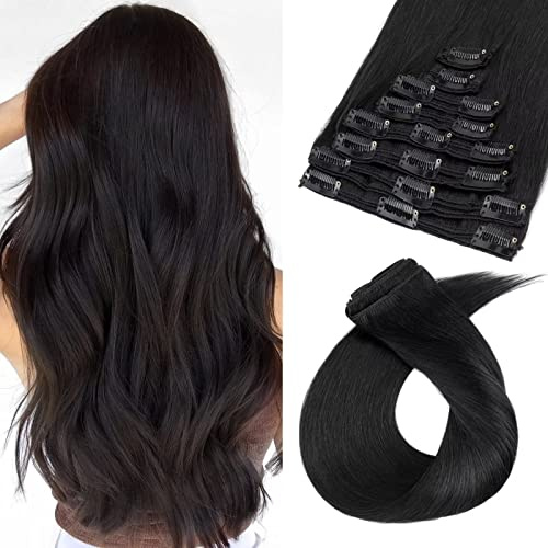 TESS Clip in Extensions Echthaar Schwarz 60 cm, Remy Hair 8 Tressen Hair Extensions Clip in Glatt 170g Extensions Clip in Lang Haarverlängerung Doppelt Tressen (60 cm-#01(Rabenschwarz))