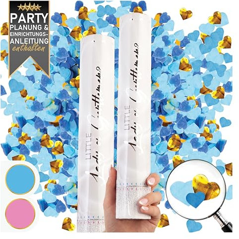 PrimePure Gender Reveal Confetti Cannon - Heart Shaped Party Poppers - Blue, Set of 2 - Gender Reveal Cannon Heart Confetti Pop for Baby Boy Baby Shower Announcement