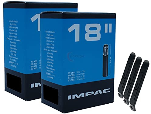 pneugo! Set 2 x Impac Fahrradschlauch 18 Zoll Autoventil 47-355/57-355 + 3 Reifenheber