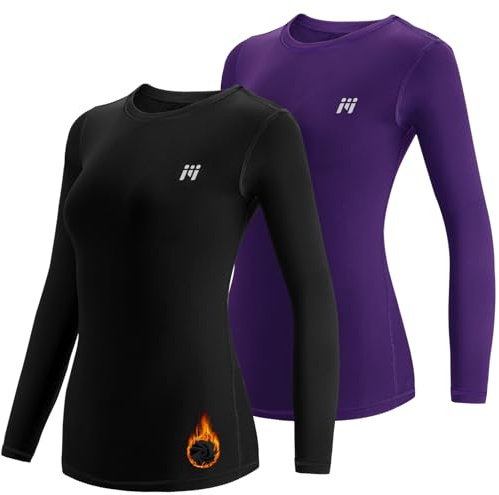 MEETWEE Tee Shirt Thermique Femme, Manche Longue Maillot de Compression Base Layer sous-Vêtements Thermique pour Sports Ski Running
