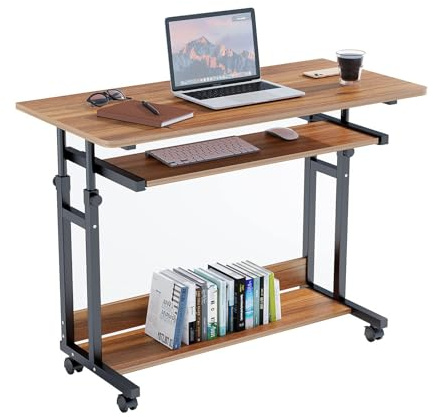 Dripex Small Computer Desk with Wheels and Keyboard Tray, Walnut | 80 x 45 x 69-90 cm，Adjustable Height,Keyboard Tray, Wheels, Storage Shelf, for Home Office Small Space