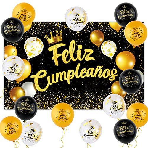 Pancarta Grande Feliz Cumpleaños Español + 15pcs Globos para Decoración Fiesta Cumpleaños Cartel Oro Negro