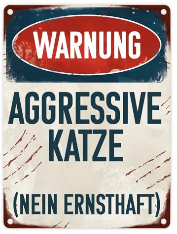 Warnung aggressive Katze (nein ernsthaft) Metallschild in 15x20 cm für Katzenhalter lustiges Blechschild im Used Look Warnung vor der Katze als Warnschild für Katzenhalter