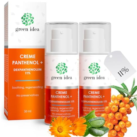 Green idea Panthenol Ansiktskräm 2x 50 ML - 11% Panthenol | Hög Halt av Dexpantenol – För Torr och Problematisk Hud | Aloe Vera, Ringblomma, Havtornsolja, Avokadoolja | Aftersun-vård | Eksemvård
