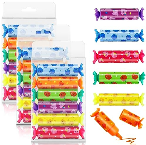 Meanju 24 Pezzi Caramelle Evidenziatori Colorate Set Mini Evidenziatore 6 Colori Gadget Compleanno per Bambini Ragazza Cose Per La Scuola Cancelleria Ufficio Per Sottolineare ed Evidenziare