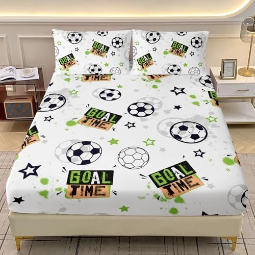 AILONEN Cartoon Soccer Pattern Bed Sheets Set for Kids Teens Twin XL Size, Soccer Sports Theme Bedding Sets,Goal Time Style Bedsheets Set,1 Fitted Sheet and 2 Pillowcases,3 Pcs