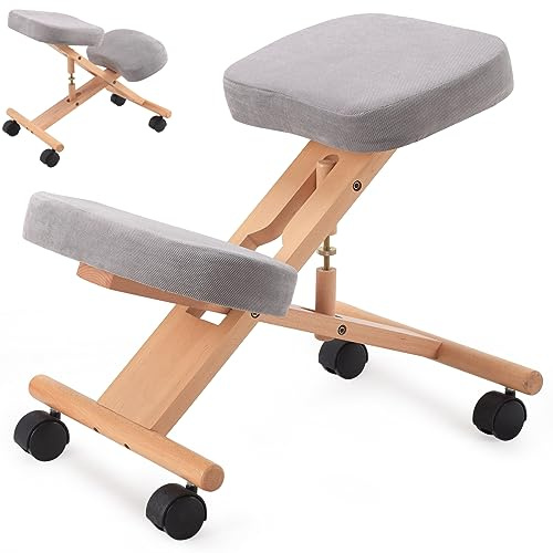 SFAREST Ergonomic Kneeling Chair, 270lbs Load, Beige, Solid Wood, Comfortable Kneeling Stool for Home Office, Improves Posture, Relieves Back Pain