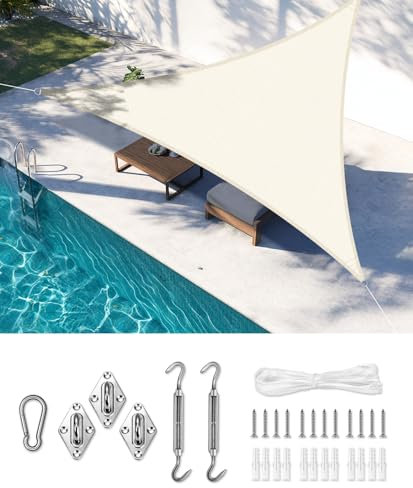 LOVE STORY Vela Ombreggiante 4x4x4m con Kit di Fissaggio Triangolare Beige Tenda da sole per esterno Ombreggiante Permeabile (HDPE) con Protezione 95% UV Per Esterno, Giardino, Terrazzo, Balcone
