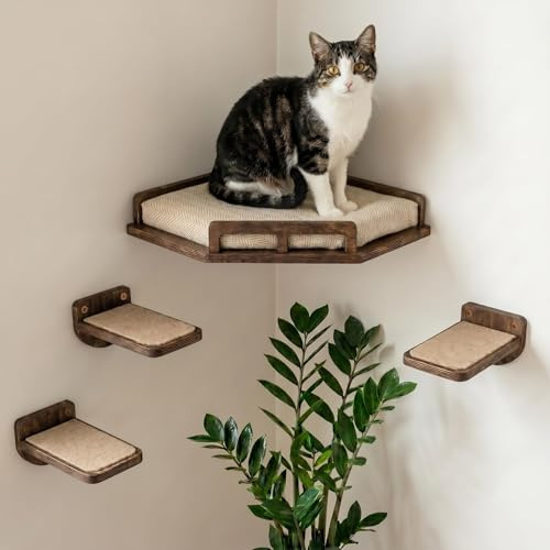 INICIO Cat Wall Shelves - Safe and Sturdy Cat Wall Furniture - Stylish Natural Wood Corner Shelf with 3 Steps for Cats up to 8kg - Padded Perch and Stairs for Climbing and Playing