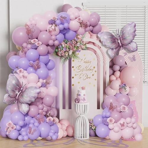 HLEIUKT Kit Ghirlanda Palloncini Compleanno Farfalle, 112 Pezzi Viola Kit Arco Palloncini per Baby Shower, Anniversario, Matrimonio, Farfalle Decorazione Compleanno per Feste